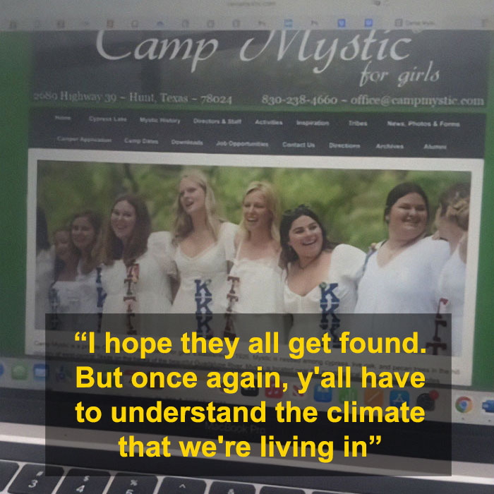Alt text: Camp Mystic website with a group of smiling women in white dresses, related to flood-stricken camp controversy. Alt text: Camp Mystic website with a group of smiling women in white dresses, related to flood-stricken camp controversy.