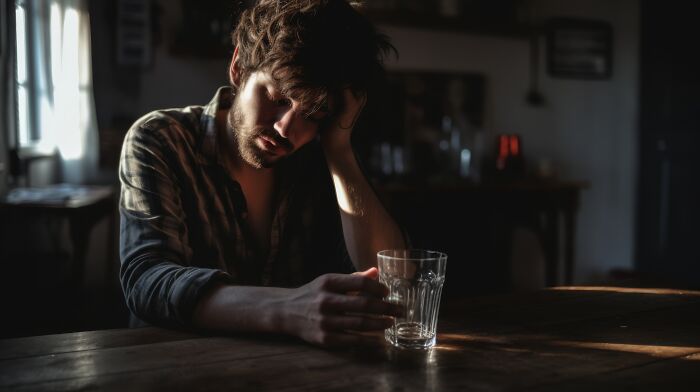 A man sitting alone at a wooden table, holding a glass, reflecting deeply in a dimly lit room about life-changing sentences.