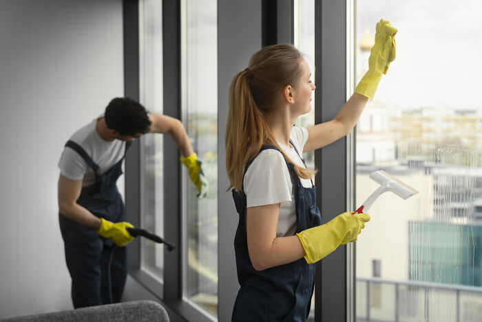 Two professional cleaners wearing gloves cleaning windows in a modern apartment showing signs grew up sheltered lifestyle.