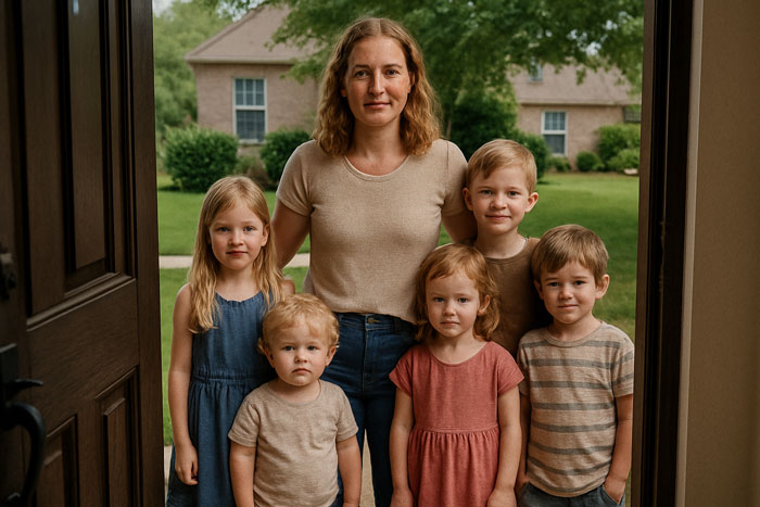 Woman standing with five children outside home, expressing hesitation after unexpected babysitting responsibility from brother-in-law. Woman standing with five children outside home, expressing hesitation after unexpected babysitting responsibility from brother-in-law.
