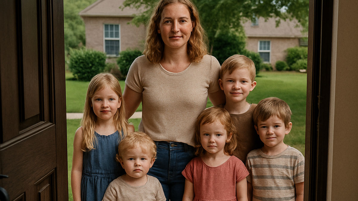 Woman babysitter standing with kids at doorstep, looking serious, illustrating challenges of unexpected free care requests.