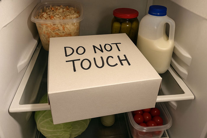 Baby shower cake in shared fridge with Do Not Touch sign, amidst containers of food and milk inside the fridge.