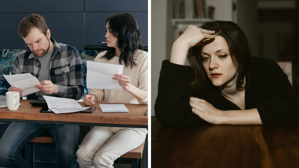 Couple reviewing documents with concern and a woman looking distressed, highlighting passport affordability issues.