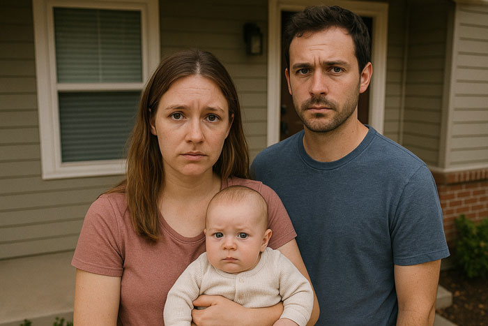 Worried woman holding baby with man outside house, reflecting disturbed mental health and family tension. Worried woman holding baby with man outside house, reflecting disturbed mental health and family tension.