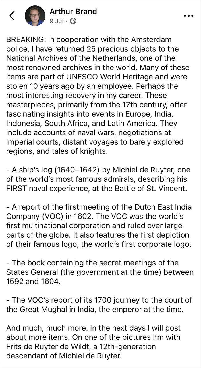 Arthur Brand shares update on stolen historic documents recovered after 10 years, detailing rare 17th-century archives and reports. Arthur Brand shares update on stolen historic documents recovered after 10 years, detailing rare 17th-century archives and reports.