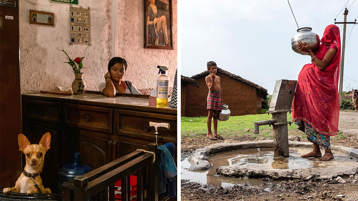 Two honest street moments showing everyday life with a woman at a desk indoors and a woman collecting water outside.