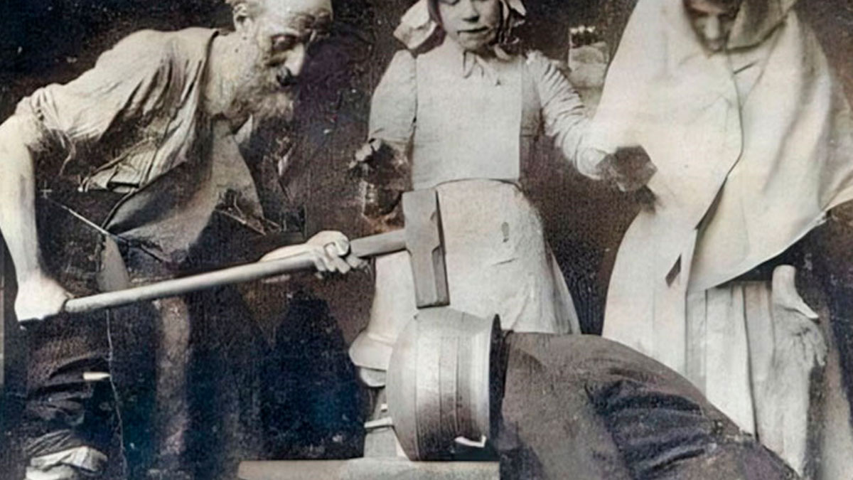 Unsettling medical device resembling a large mallet used in historical medical practice with nurses observing.