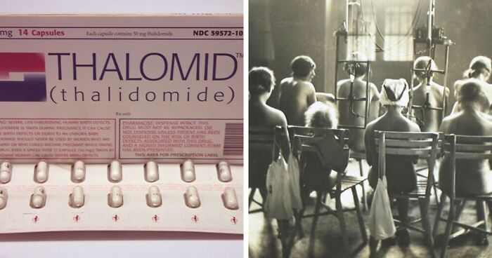 Old medical images showing Thalidomide capsules and a vintage medical treatment room with patients seated under equipment.