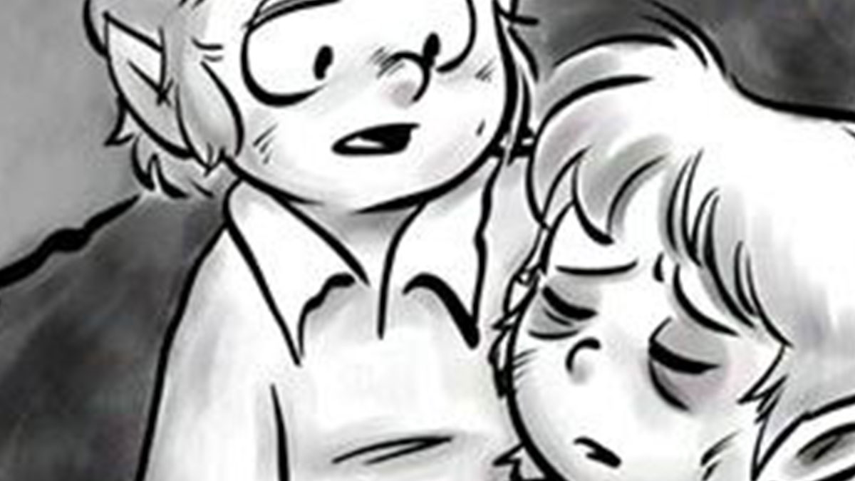 Black and white Port Sherry comic panel showing two characters with worried and tired expressions in an emotional moment.