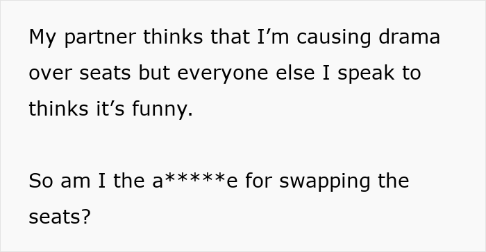 Text post about woman sneakily swapping seats to avoid babysitting her little sister during a trip paid for by their dad. Text post about woman sneakily swapping seats to avoid babysitting her little sister during a trip paid for by their dad.