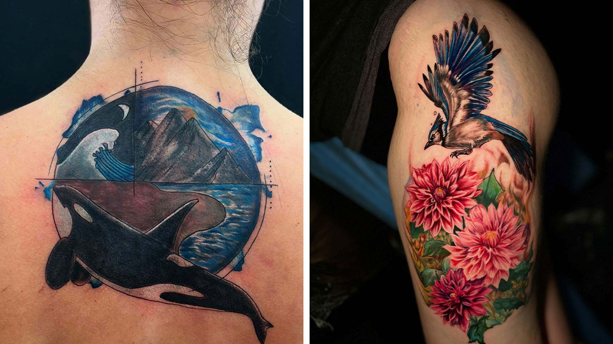 Orca whale and mountain tattoo on back, and blue jay with pink flowers tattoo on arm showcasing tattoo work.