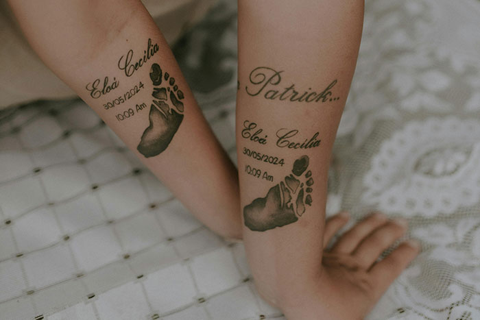 Tattoo artists moral grounds example of declined jobs showing matching name and footprint tattoos on forearms. Tattoo artists moral grounds example of declined jobs showing matching name and footprint tattoos on forearms.