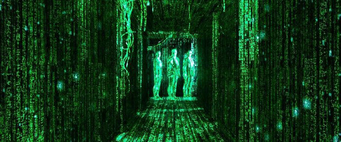 Digital matrix corridor with glowing green code and humanoid figures symbolizing use your mind concept. Digital matrix corridor with glowing green code and humanoid figures symbolizing use your mind concept.