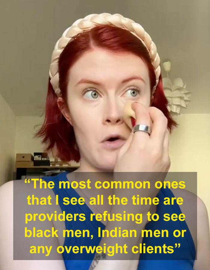 Young woman applying makeup, discussing racial discrimination in the professional escort industry and client biases.