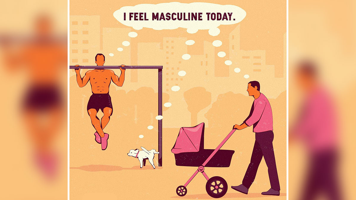 Thought-provoking illustration by Steffen Kraft showing modern masculinity with a man exercising and another pushing a stroller.