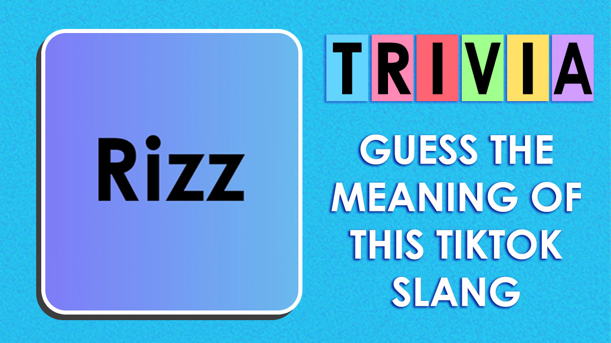 Trivia card showing TikTok slang Rizz with text guessing the meaning in a Gen Z vocabulary test on outdated slang.