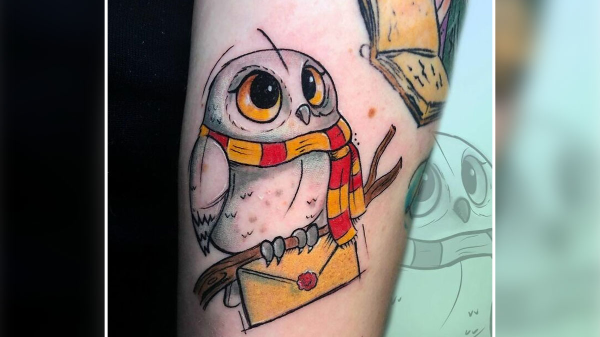 Owl tattoo wearing red and yellow scarf perched on a branch holding a sealed letter, creative tattoo ideas on skin.