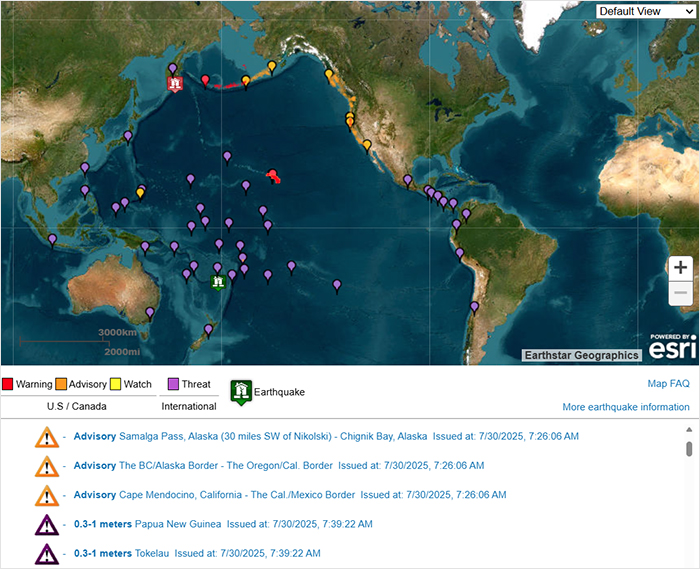 Map showing tsunami threat zones and earthquake warnings along Alaska, Japan, and Pacific coast following a mega earthquake alert. Map showing tsunami threat zones and earthquake warnings along Alaska, Japan, and Pacific coast following a mega earthquake alert.
