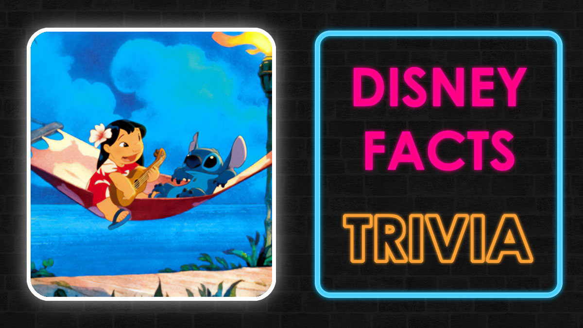 Lilo playing guitar with Stitch in hammock beside neon sign saying Disney facts trivia for Disney knowledge quiz