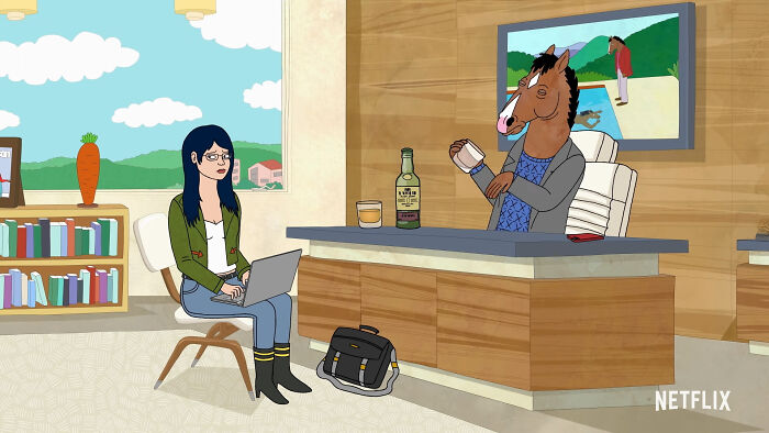 Animated scene with two characters in a modern office, showcasing characters that are very hard to love in TV shows.