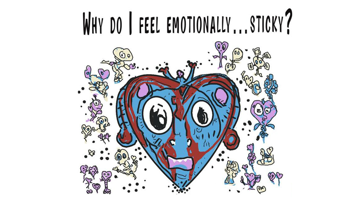Surreal comic panel featuring a blue heart with wide eyes surrounded by quirky characters, depicting emotional stickiness in modern life.