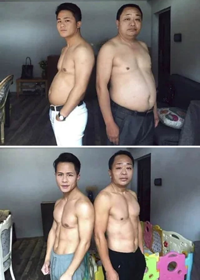 Two men showing extraordinary body transformations, shirtless, in a before and after comparison indoors.