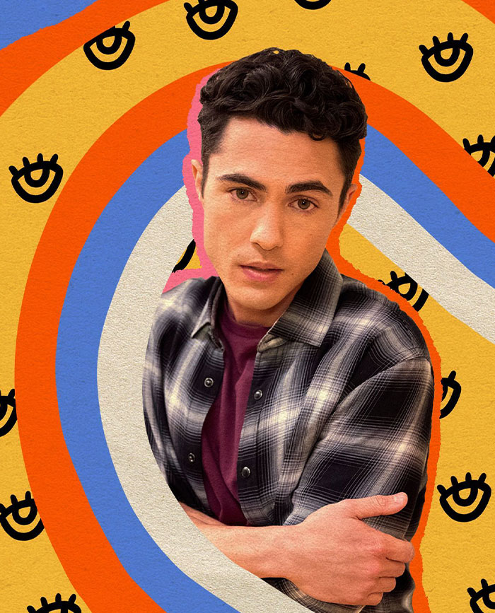 Paxton in a plaid shirt posing in front of a colorful abstract background with eye patterns, representing rare boy names.