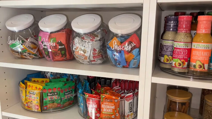 Organized pantry shelves with snacks and sauces illustrating trends leading to overconsumption in everyday products.
