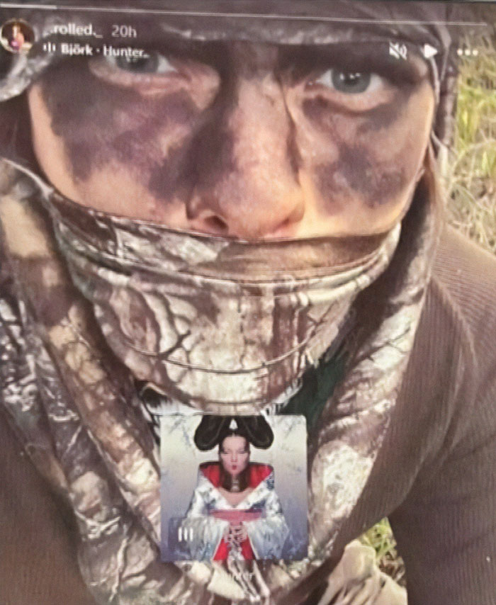 Close-up of a teen wearing camouflage face paint and clothing in an ominous Instagram story before Idaho shooting incident. Close-up of a teen wearing camouflage face paint and clothing in an ominous Instagram story before Idaho shooting incident.