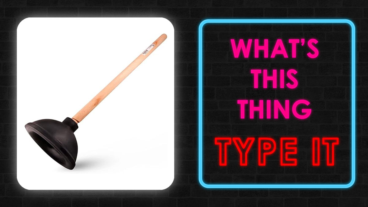 Plunger with wooden handle on white background next to neon sign inviting to name kitchen tools and everyday objects.