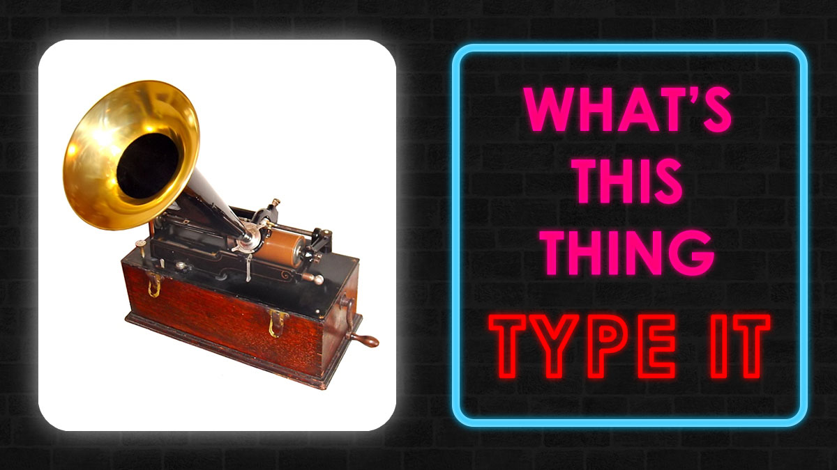 Vintage phonograph with a brass horn on a wooden base, part of sharp-eyed people object naming challenge.