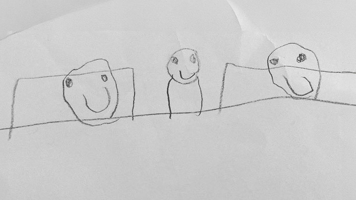 Childu2019s pencil drawing of three smiling faces, showcasing wholesome and funny dads doing their best.