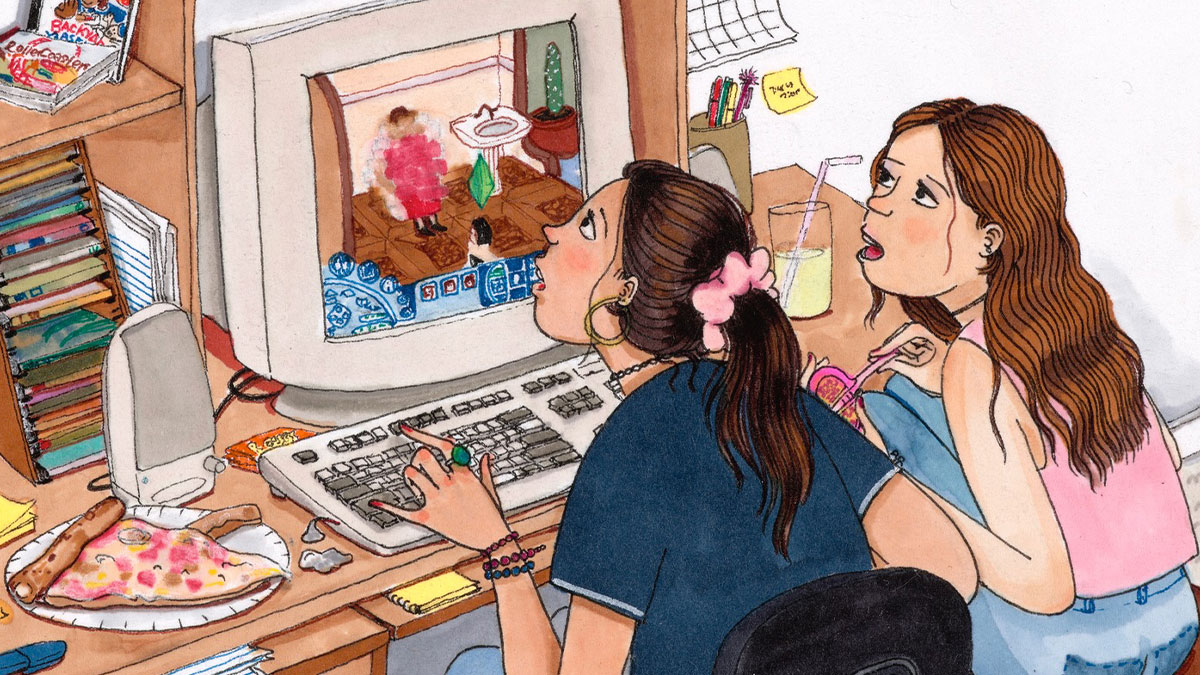 Two girls playing a computer game in a colorful illustration capturing the beauty of everyday moments.