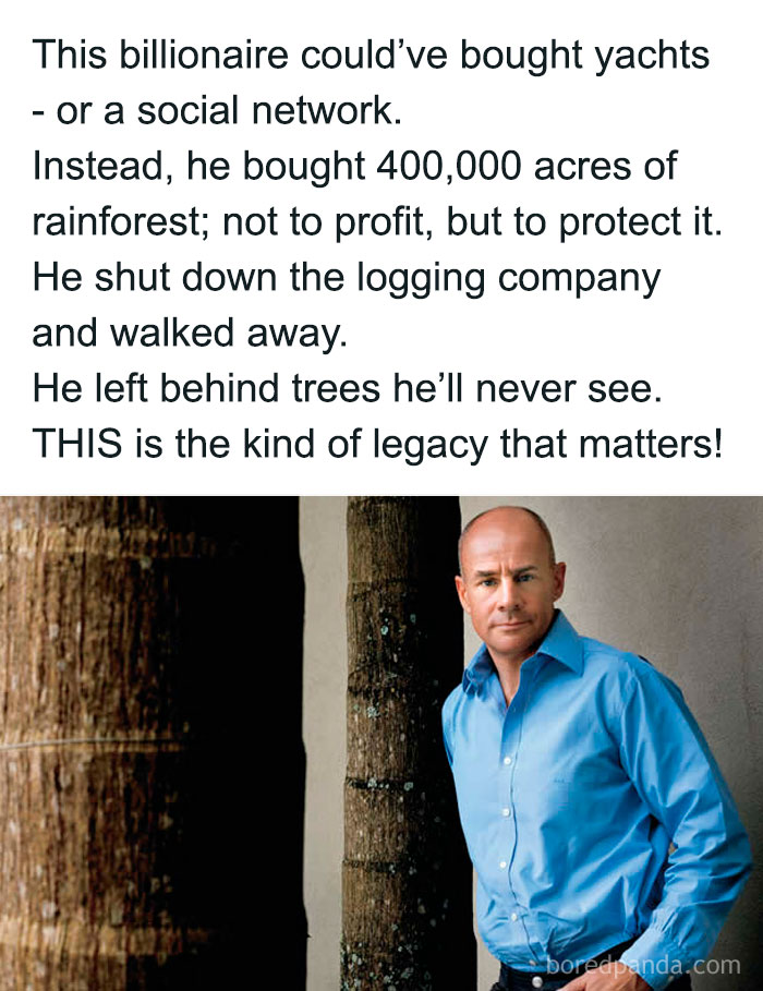 Man in blue shirt standing next to trees with text about legacy and positivity inspiring protection of rainforest. Man in blue shirt standing next to trees with text about legacy and positivity inspiring protection of rainforest.