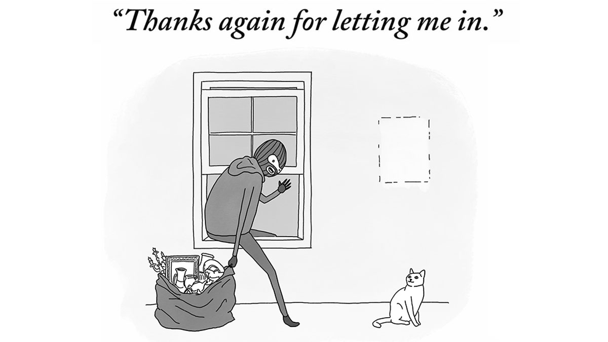 One-panel comic by Rich North shows a burglar waving goodbye to a cat after stealing household items through a window.