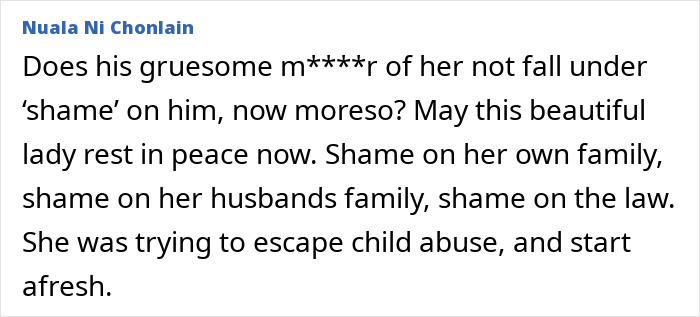 Screenshot of a comment expressing outrage over the resurfaced case of a 17-year-old mom brutally assassinated by her husband. Screenshot of a comment expressing outrage over the resurfaced case of a 17-year-old mom brutally assassinated by her husband.