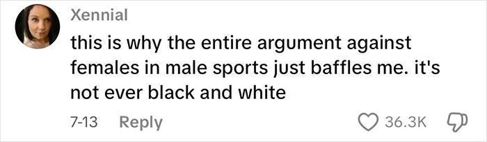 Commenter Xennial sharing a perspective on gender and sports, expressing confusion over arguments against females in male sports. Commenter Xennial sharing a perspective on gender and sports, expressing confusion over arguments against females in male sports.