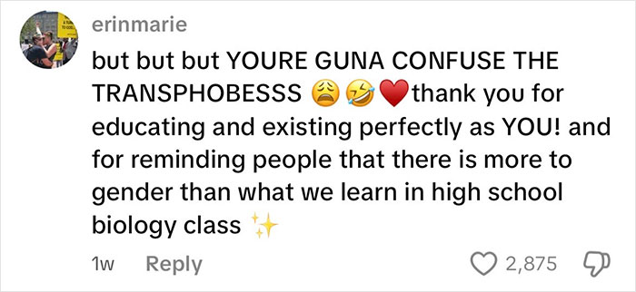 Comment on social media expressing gratitude for educating on gender beyond high school biology, highlighting intersex woman with XY chromosome. Comment on social media expressing gratitude for educating on gender beyond high school biology, highlighting intersex woman with XY chromosome.
