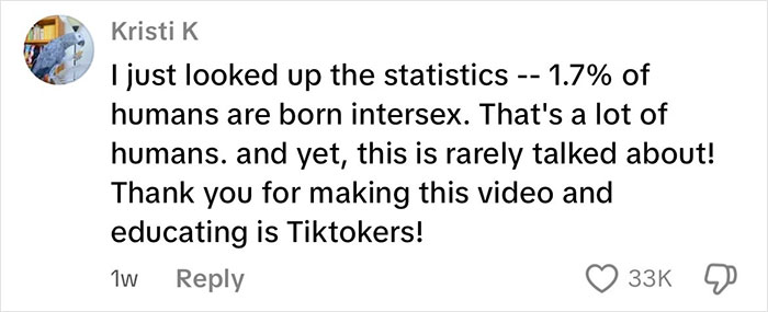 Comment from Kristi K discussing intersex statistics and thanking a creator for educating TikTokers about intersex bodies. Comment from Kristi K discussing intersex statistics and thanking a creator for educating TikTokers about intersex bodies.