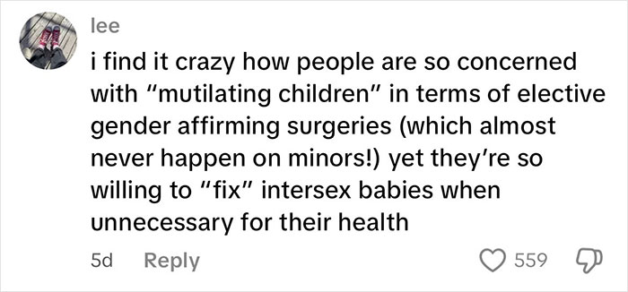 Social media comment discussing concerns about intersex bodies and elective gender-affirming surgeries for minors. Social media comment discussing concerns about intersex bodies and elective gender-affirming surgeries for minors.