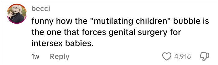 Instagram comment by user becci discussing genital surgery for intersex babies, highlighting intersex issues and bodily autonomy. Instagram comment by user becci discussing genital surgery for intersex babies, highlighting intersex issues and bodily autonomy.