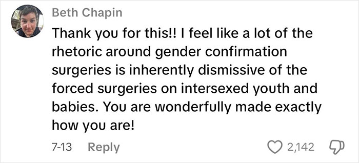 Comment from Beth Chapin discussing rhetoric around gender confirmation surgeries and intersexed youth, highlighting body differences. Comment from Beth Chapin discussing rhetoric around gender confirmation surgeries and intersexed youth, highlighting body differences.