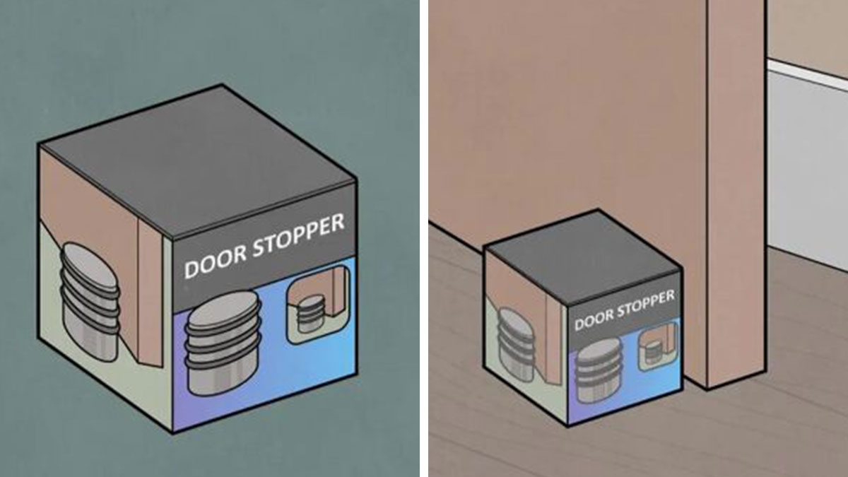 Illustration of a door stopper box blending seamlessly with the door corner in a simple and effective comic style.