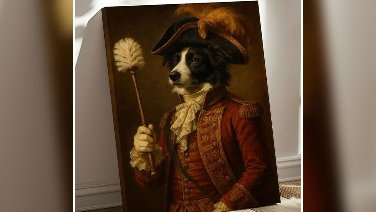 Portrait of a dog dressed as a historical figure, one of the weirdest picks found on Amazon displayed on a canvas.