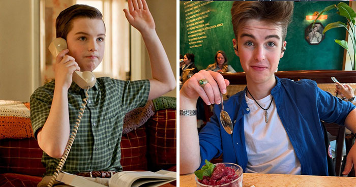 Young Sheldon child star at 17, casually dressed, holding a spoon while dining, showing his grown-up appearance. Young Sheldon child star at 17, casually dressed, holding a spoon while dining, showing his grown-up appearance.