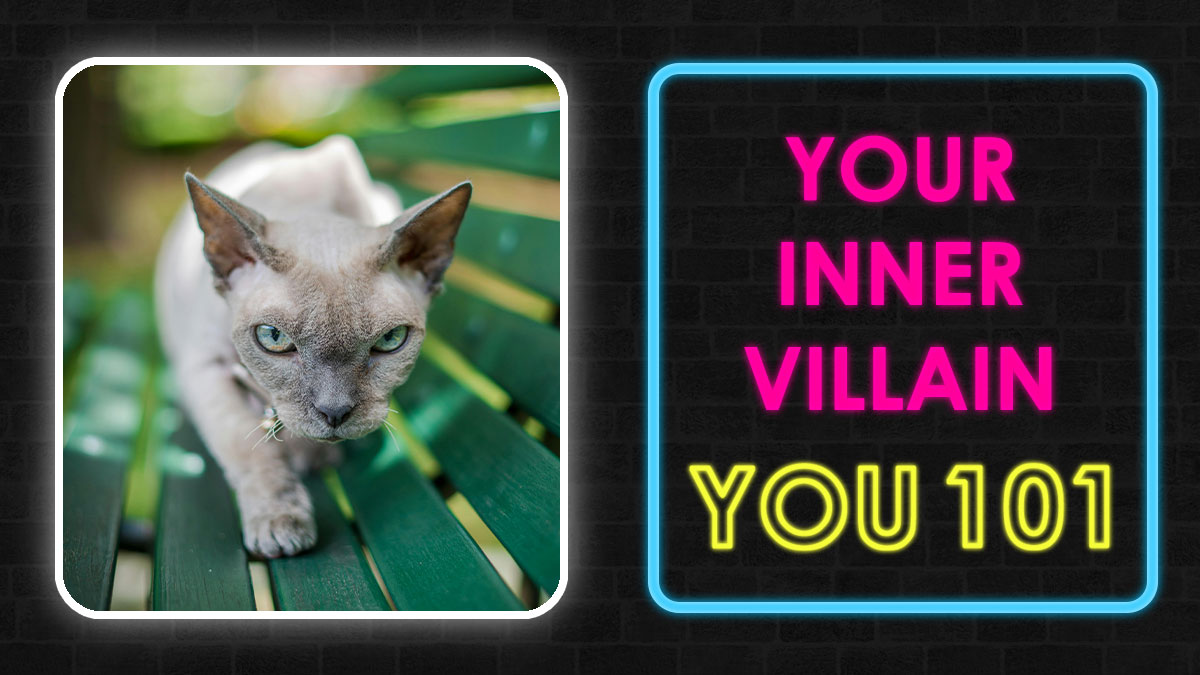 Sphynx cat with piercing eyes on a green bench next to a neon sign about inner villain persona quiz.