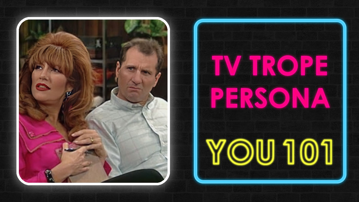 A man and woman looking skeptical in a TV show scene with neon text about TV trope persona quiz for main character energy.