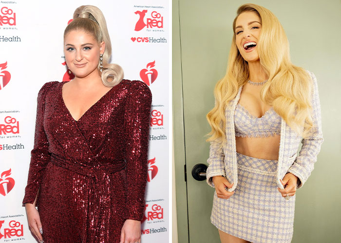 Meghan Trainor in two different looks, showcasing a glamorous red dress and a stylish checkered outfit with long blonde hair. Meghan Trainor in two different looks, showcasing a glamorous red dress and a stylish checkered outfit with long blonde hair.