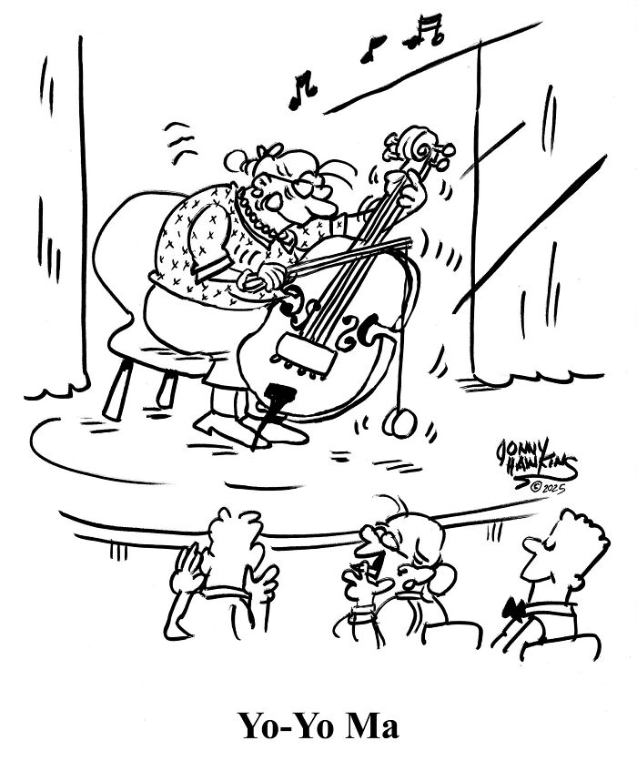 Cartoon from playful one-panel comics showing elderly woman playing cello humorously in front of amused audience.