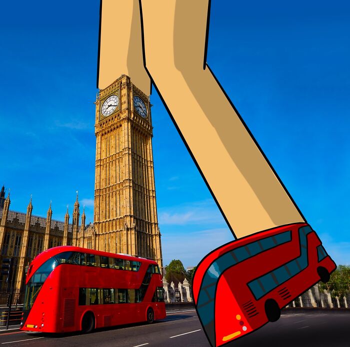 Red double-decker bus creatively reimagined with famous Pac-Man characters and iconic pixelated game elements.